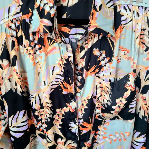 Free People Tropical Satin Blouse L Under the Palms Button-Up Boho Long Sleeve - Picture 4 of 11